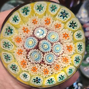 Murano Millefiori Paperweight in Yellow, Orange & Blue